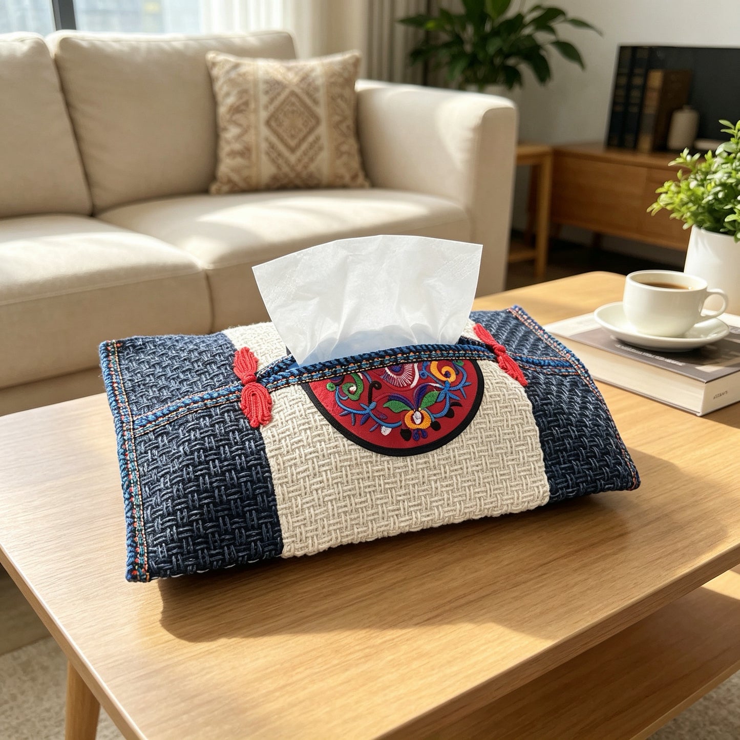 Orilune Miao Embroidery Tissue Box | Chinese Intangible Cultural Heritage Handwoven Fabric Napkin Holder Set of 1