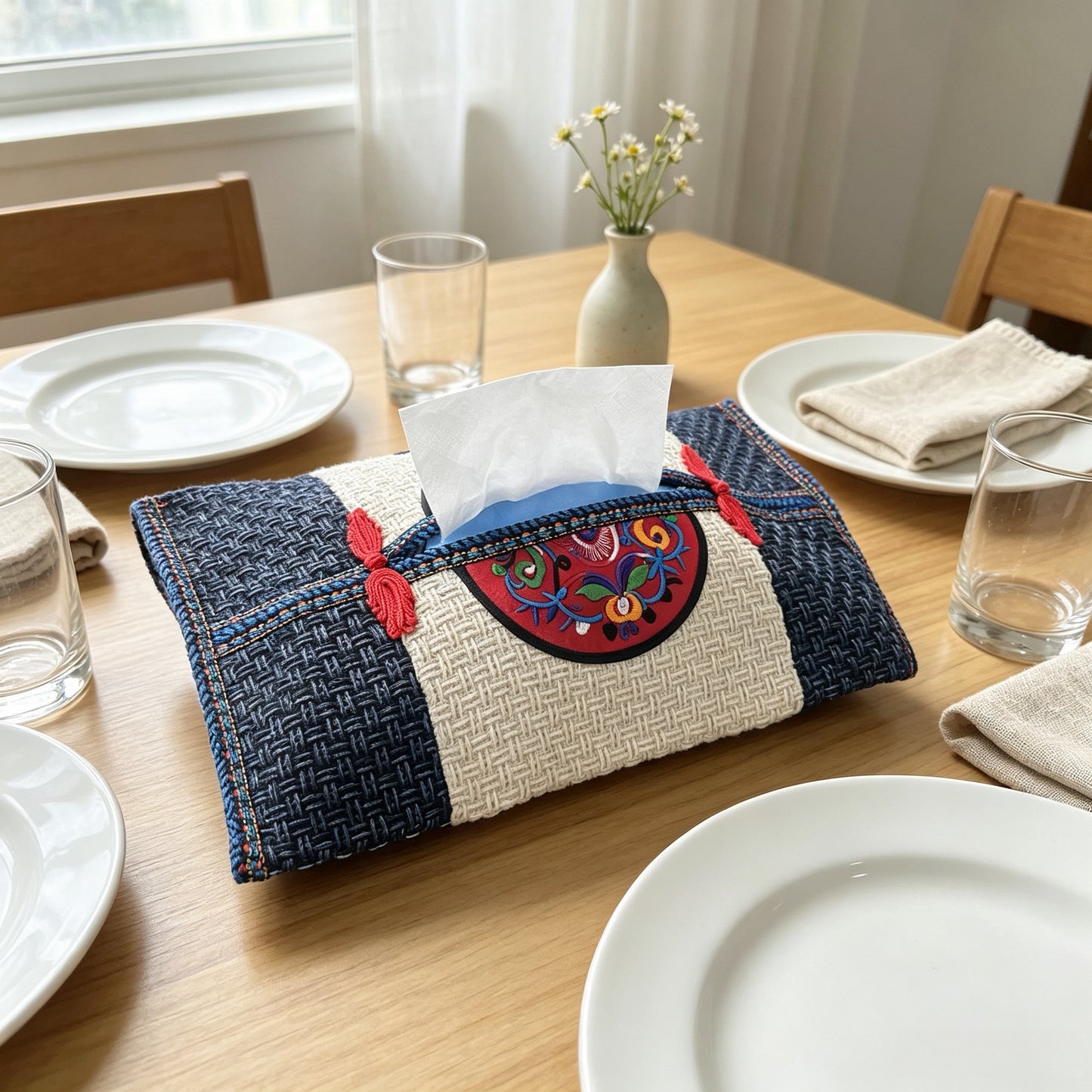 Orilune Miao Embroidery Tissue Box | Chinese Intangible Cultural Heritage Handwoven Fabric Napkin Holder Set of 1